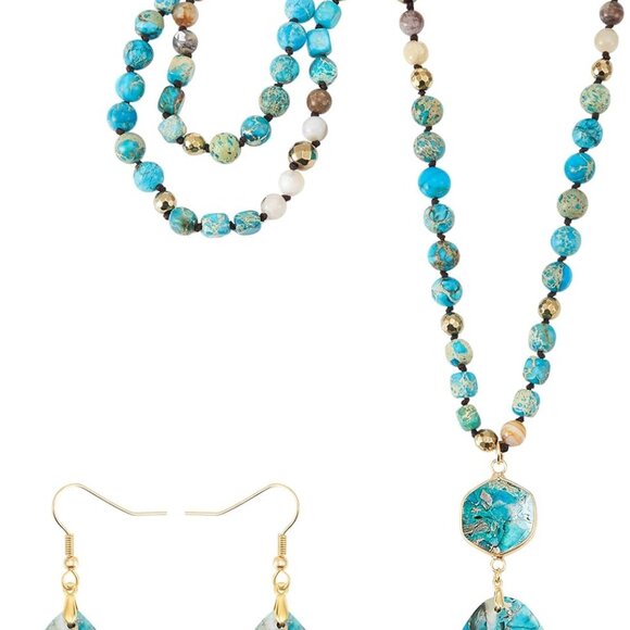 Turquoise Jewelry Set Beaded Long Necklaces and Earrings Women Boho Natural Ston - Picture 1 of 6